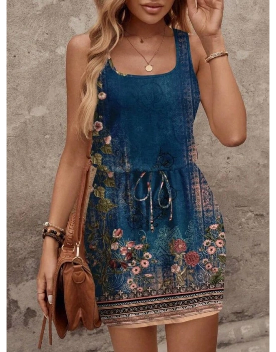 Kadın Askılı Yuvarlak Yakalı Beli Kusaklı çiçek Desenli Kısa Süprem Elbise