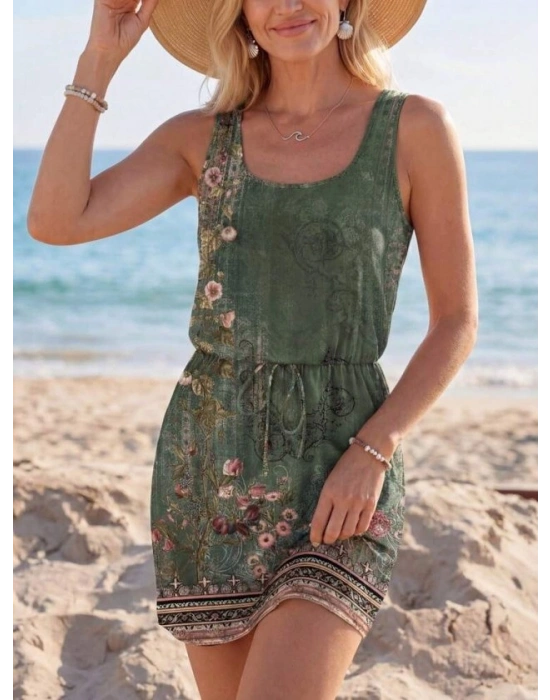 Kadın Askılı Yuvarlak Yakalı Beli Kusaklı çiçek Desenli Kısa Süprem Elbise