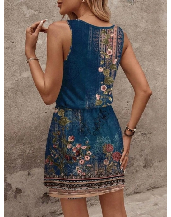 Kadın Askılı Yuvarlak Yakalı Beli Kusaklı çiçek Desenli Kısa Süprem Elbise