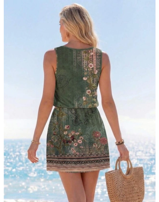 Kadın Askılı Yuvarlak Yakalı Beli Kusaklı çiçek Desenli Kısa Süprem Elbise