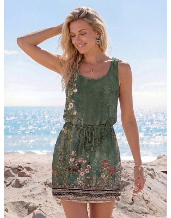 Kadın Askılı Yuvarlak Yakalı Beli Kusaklı çiçek Desenli Kısa Süprem Elbise