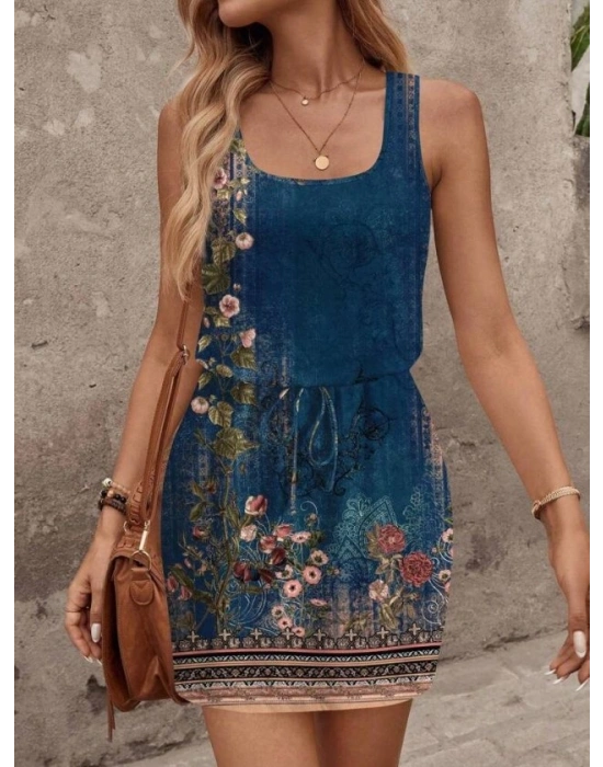 Kadın Askılı Yuvarlak Yakalı Beli Kusaklı çiçek Desenli Kısa Süprem Elbise