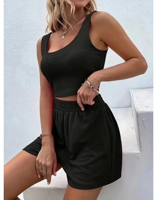 Kadın Askılı Yuvarlak Yakalı Burgu Krop Ve Bluz Short Ikili Takım