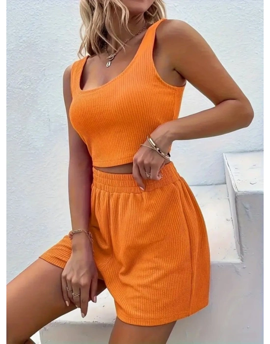 Kadın Askılı Yuvarlak Yakalı Burgu Krop Ve Bluz Short Ikili Takım