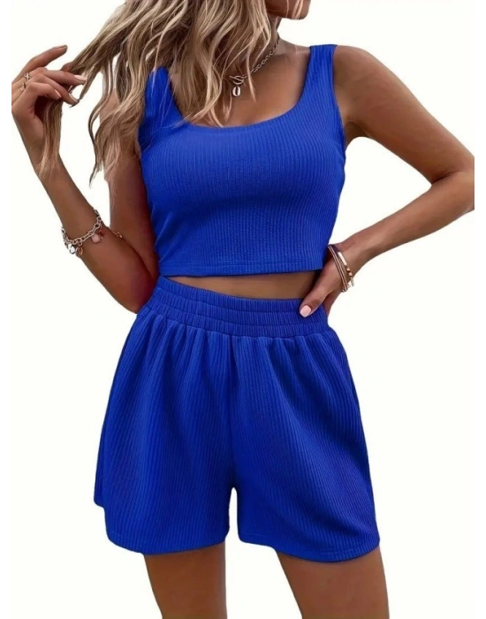 Kadın Askılı Yuvarlak Yakalı Burgu Krop Ve Bluz Short Ikili Takım