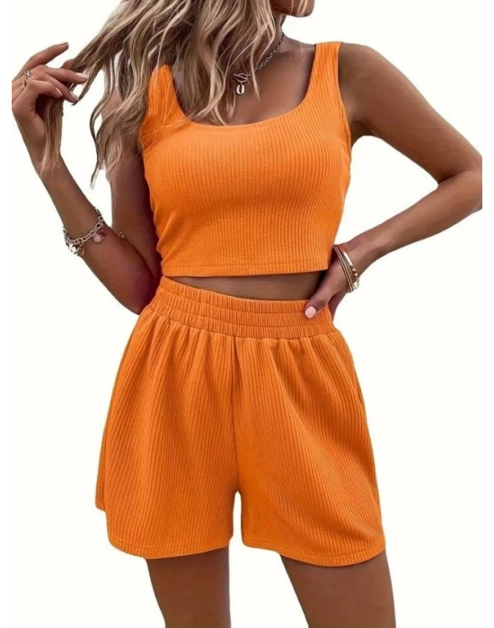 Kadın Askılı Yuvarlak Yakalı Burgu Krop Ve Bluz Short Ikili Takım