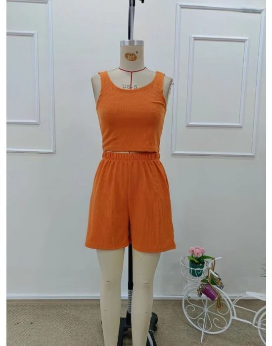 Kadın Askılı Yuvarlak Yakalı Burgu Krop Ve Bluz Short Ikili Takım