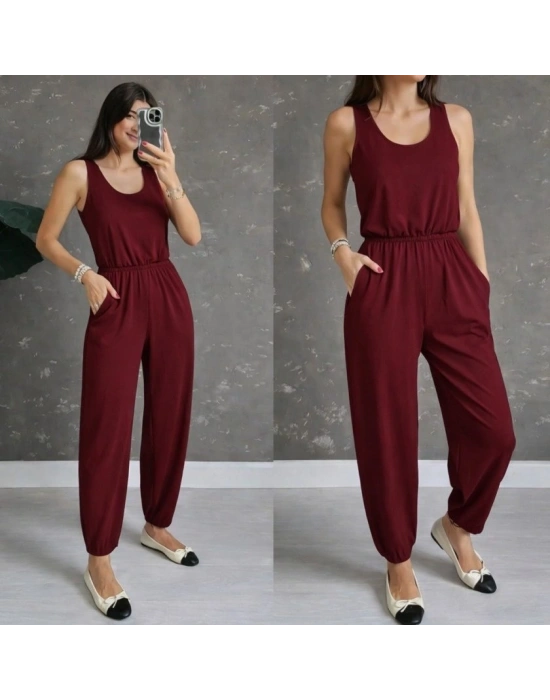 Kadın Askılı Yuvarlak Yakalı Cepli Viskon Tulum