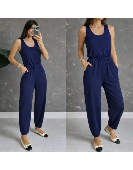 Kadın Askılı Yuvarlak Yakalı Cepli Viskon Tulum