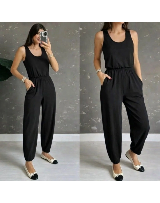 Kadın Askılı Yuvarlak Yakalı Cepli Viskon Tulum