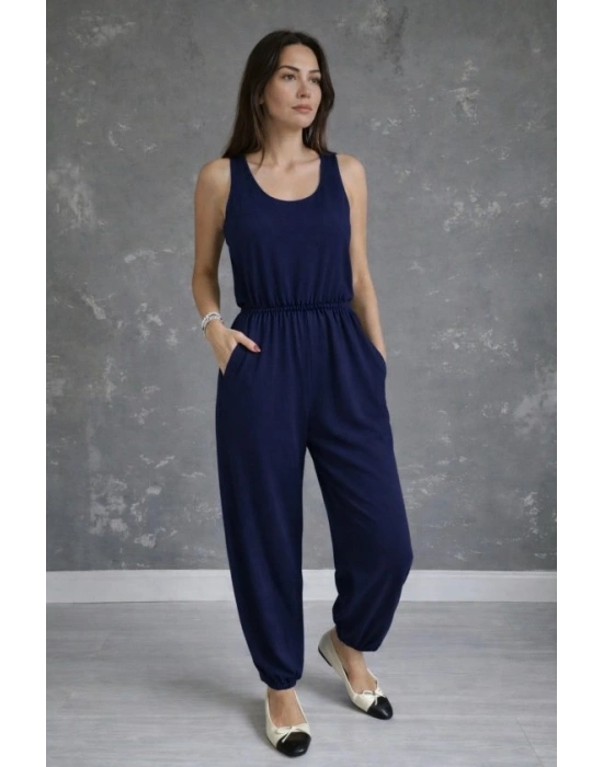 Kadın Askılı Yuvarlak Yakalı Cepli Viskon Tulum