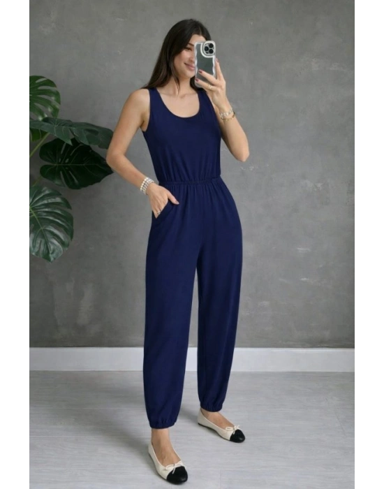 Kadın Askılı Yuvarlak Yakalı Cepli Viskon Tulum