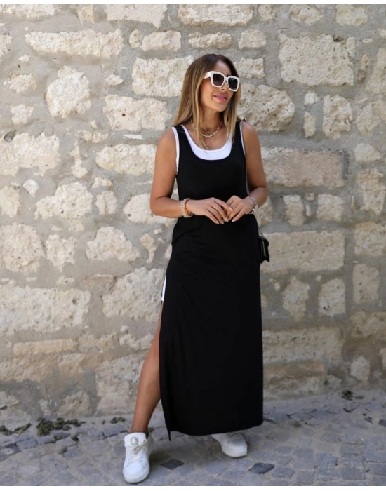 Kadın Askılı Yuvarlak Yakalı Cepli Yırtmaç Detaylı Viskon Elbise Ve Atlet Ikili Takım