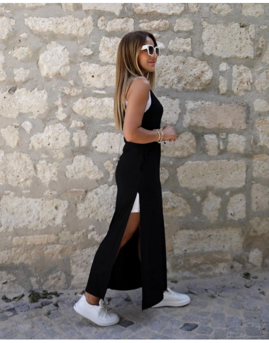 Kadın Askılı Yuvarlak Yakalı Cepli Yırtmaç Detaylı Viskon Elbise Ve Atlet Ikili Takım