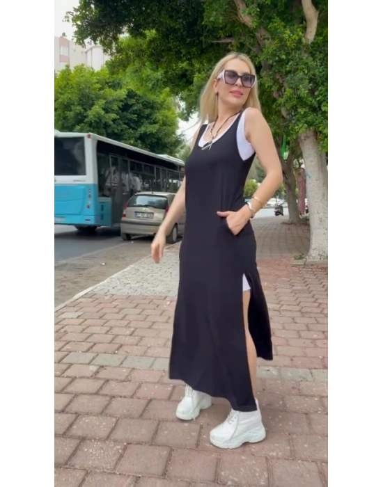 Kadın Askılı Yuvarlak Yakalı Cepli Yırtmaç Detaylı Viskon Elbise Ve Atlet Ikili Takım