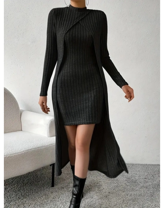 Kadın Askılı Yuvarlak Yakalı Elbise Ve Yarı Balıkçı Yakalı şardonlu Kaşkorse Ikili Takım