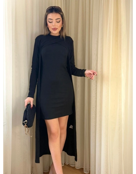 Kadın Askılı Yuvarlak Yakalı Elbise Ve Yarı Balıkçı Yakalı şardonlu Kaşkorse Ikili Takım