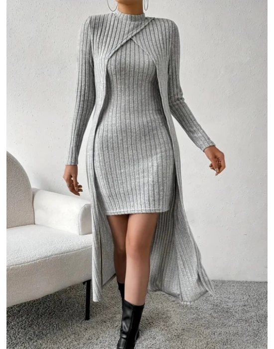 Kadın Askılı Yuvarlak Yakalı Elbise Ve Yarı Balıkçı Yakalı şardonlu Kaşkorse Ikili Takım