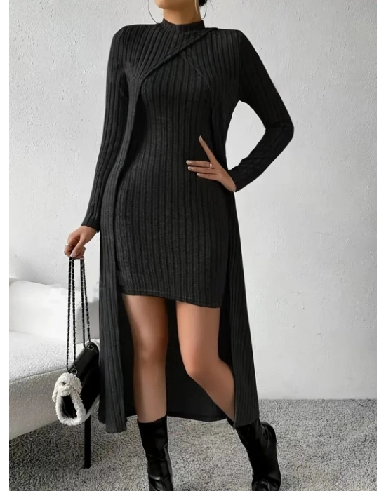 Kadın Askılı Yuvarlak Yakalı Elbise Ve Yarı Balıkçı Yakalı şardonlu Kaşkorse Ikili Takım