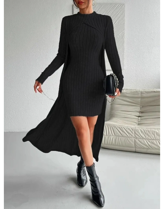 Kadın Askılı Yuvarlak Yakalı Elbise Ve Yarı Balıkçı Yakalı şardonlu Kaşkorse Ikili Takım