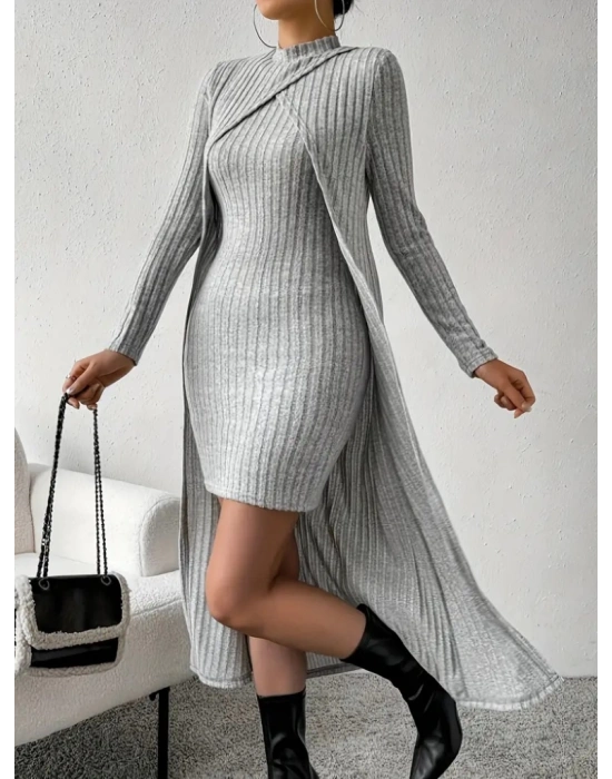 Kadın Askılı Yuvarlak Yakalı Elbise Ve Yarı Balıkçı Yakalı şardonlu Kaşkorse Ikili Takım