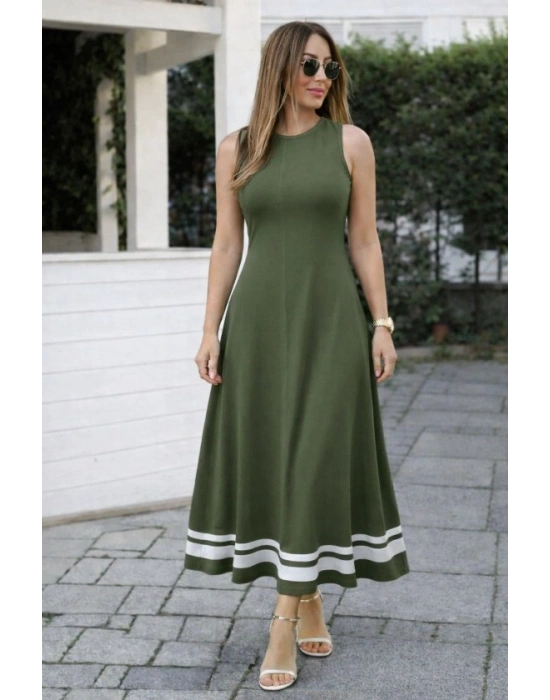 Kadın Askılı Yuvarlak Yakalı Etek Ucu şerit Detaylı Uzun Viskon Elbise