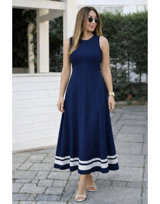 Kadın Askılı Yuvarlak Yakalı Etek Ucu şerit Detaylı Uzun Viskon Elbise