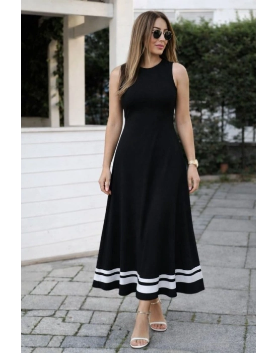 Kadın Askılı Yuvarlak Yakalı Etek Ucu şerit Detaylı Uzun Viskon Elbise