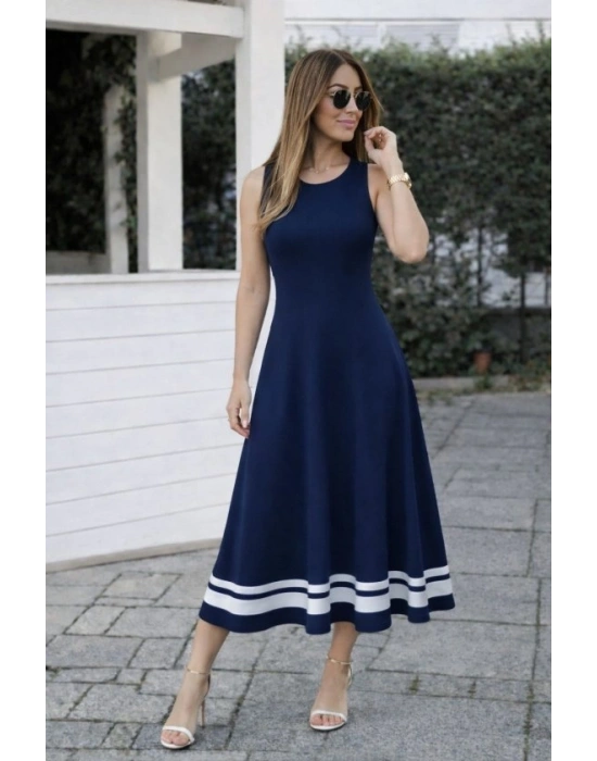 Kadın Askılı Yuvarlak Yakalı Etek Ucu şerit Detaylı Uzun Viskon Elbise