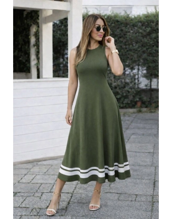 Kadın Askılı Yuvarlak Yakalı Etek Ucu şerit Detaylı Uzun Viskon Elbise