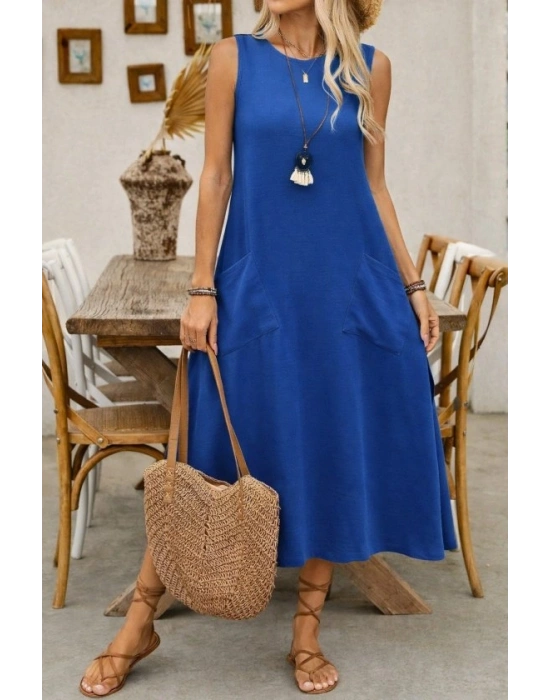 Kadın Askılı Yuvarlak Yakalı Kıloş Cepli Uzun Elbise