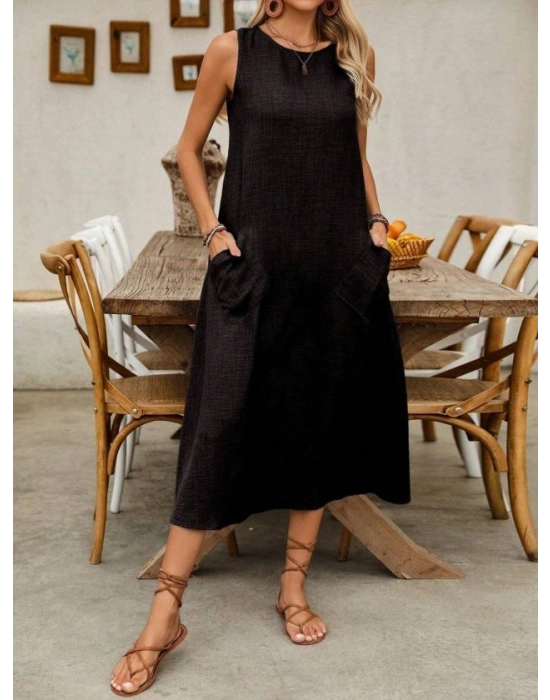 Kadın Askılı Yuvarlak Yakalı Kıloş Cepli Uzun Elbise