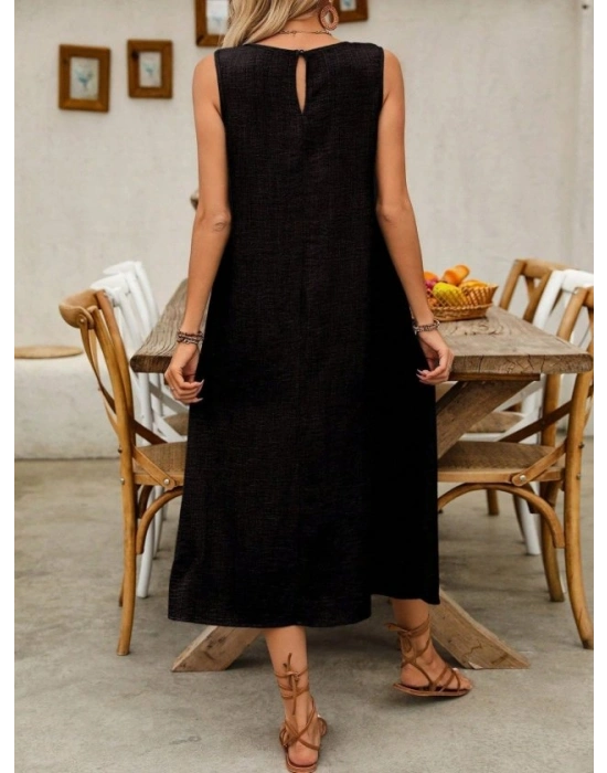 Kadın Askılı Yuvarlak Yakalı Kıloş Cepli Uzun Elbise