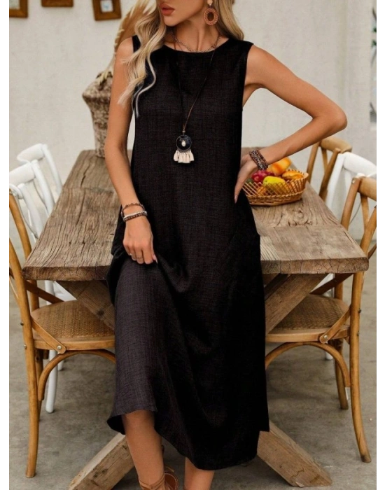 Kadın Askılı Yuvarlak Yakalı Kıloş Cepli Uzun Elbise