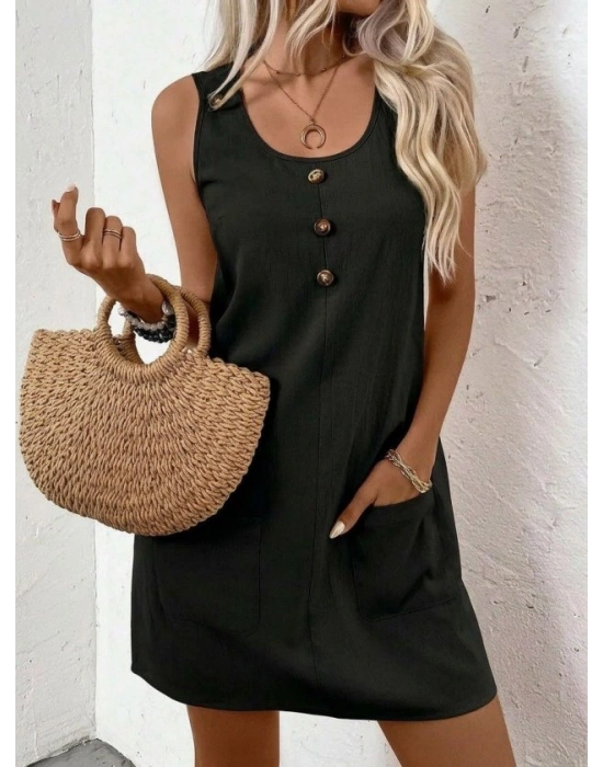 Kadın Askılı Yuvarlak Yakalı önden Düğmeli Cep Detaylı Kısa Elbise