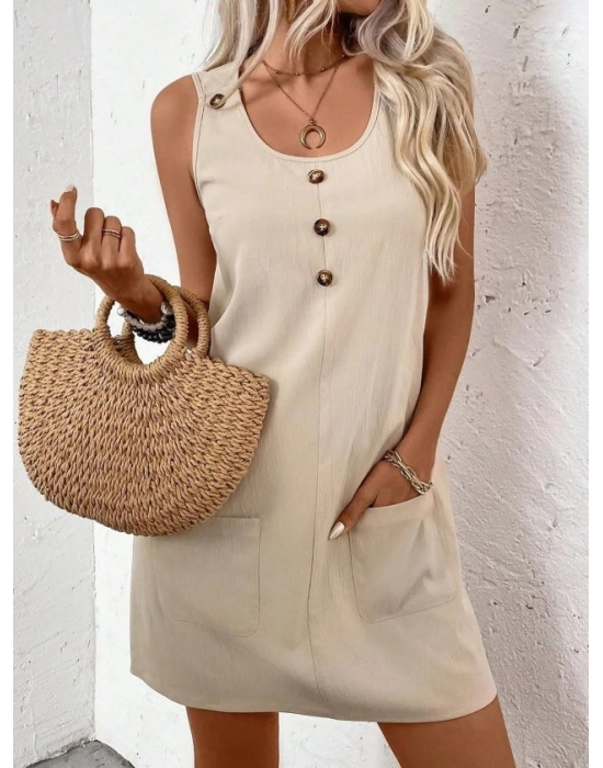 Kadın Askılı Yuvarlak Yakalı önden Düğmeli Cep Detaylı Kısa Elbise