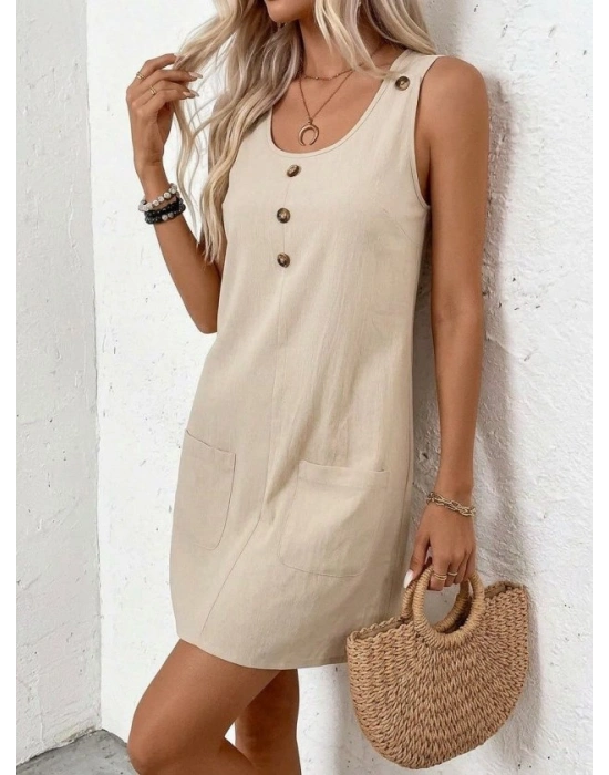 Kadın Askılı Yuvarlak Yakalı önden Düğmeli Cep Detaylı Kısa Elbise