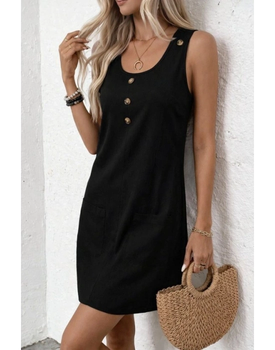 Kadın Askılı Yuvarlak Yakalı önden Düğmeli Cep Detaylı Kısa Elbise