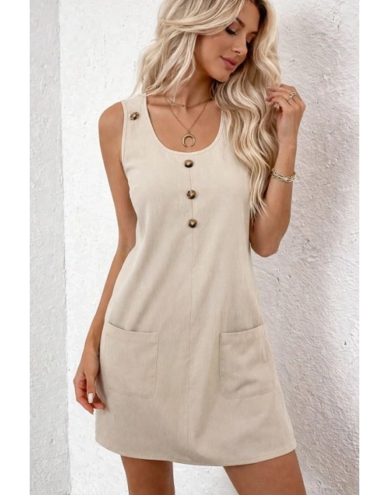 Kadın Askılı Yuvarlak Yakalı önden Düğmeli Cep Detaylı Kısa Elbise