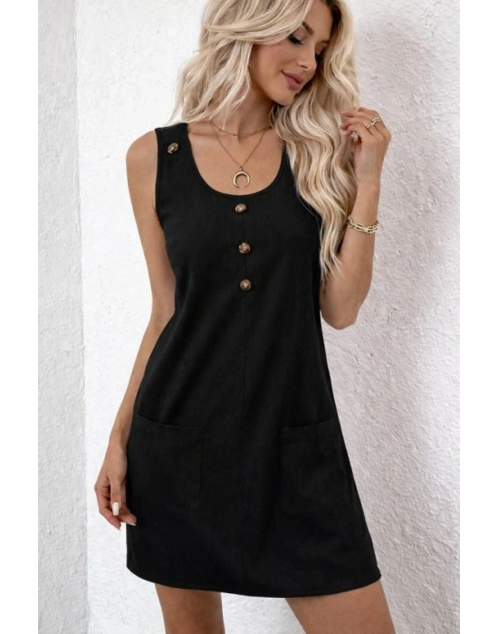 Kadın Askılı Yuvarlak Yakalı önden Düğmeli Cep Detaylı Kısa Elbise