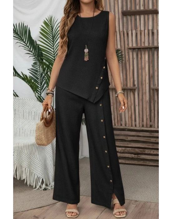 Kadın Askılı Yuvarlak Yakalı önü Asimetrik Detaylı Düğmeli Aerobin Bluz Ve Pantolon Ikili Takım