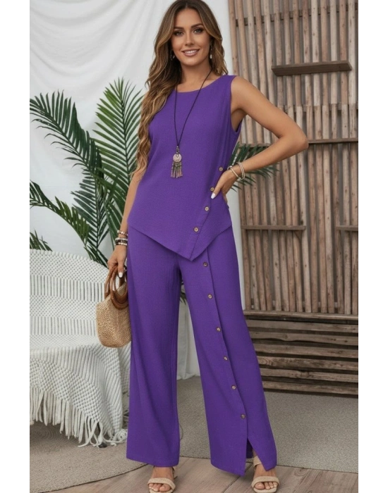 Kadın Askılı Yuvarlak Yakalı önü Asimetrik Detaylı Düğmeli Aerobin Bluz Ve Pantolon Ikili Takım