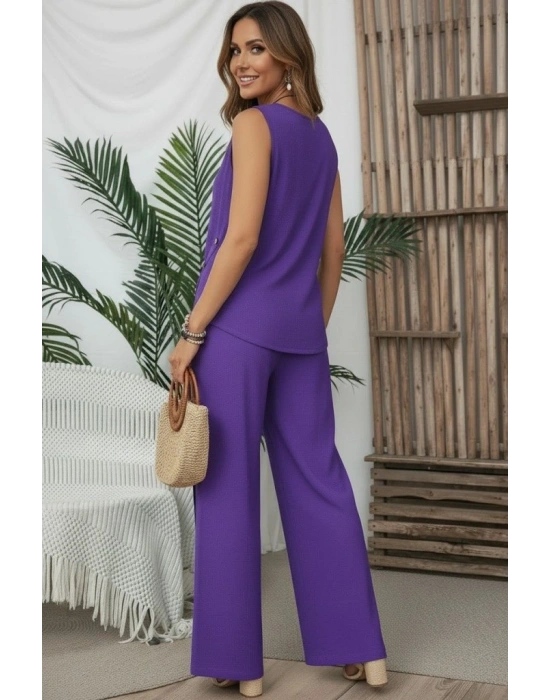 Kadın Askılı Yuvarlak Yakalı önü Asimetrik Detaylı Düğmeli Aerobin Bluz Ve Pantolon Ikili Takım