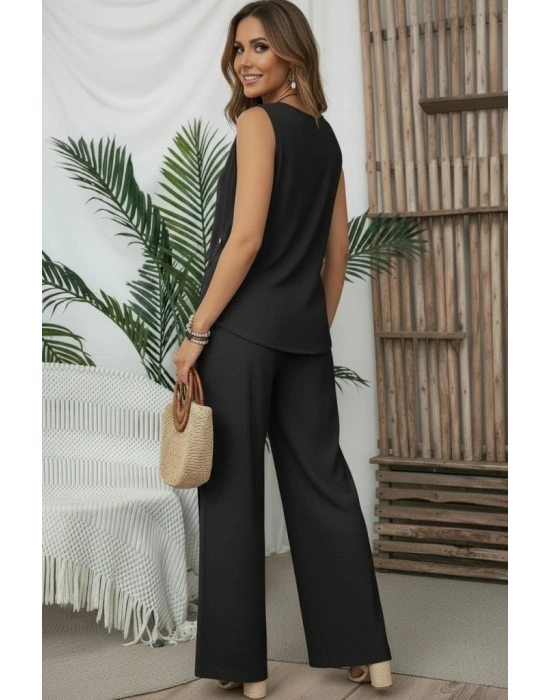 Kadın Askılı Yuvarlak Yakalı önü Asimetrik Detaylı Düğmeli Aerobin Bluz Ve Pantolon Ikili Takım