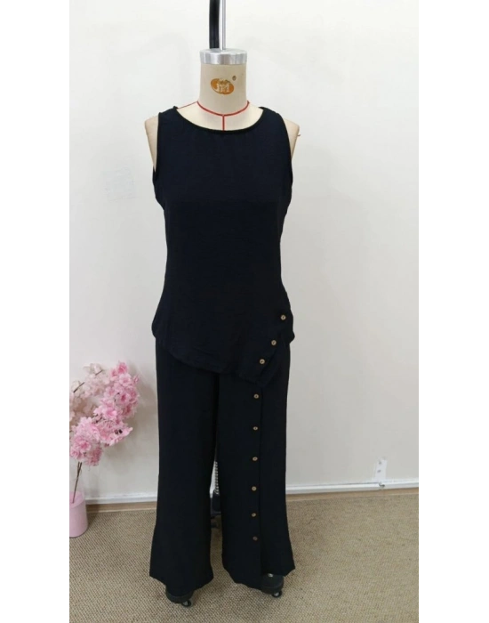 Kadın Askılı Yuvarlak Yakalı önü Asimetrik Detaylı Düğmeli Aerobin Bluz Ve Pantolon Ikili Takım