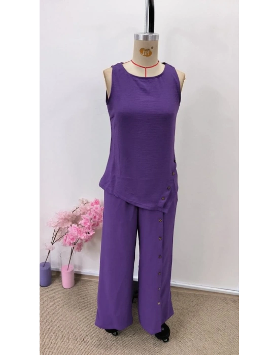 Kadın Askılı Yuvarlak Yakalı önü Asimetrik Detaylı Düğmeli Aerobin Bluz Ve Pantolon Ikili Takım