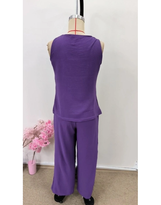 Kadın Askılı Yuvarlak Yakalı önü Asimetrik Detaylı Düğmeli Aerobin Bluz Ve Pantolon Ikili Takım