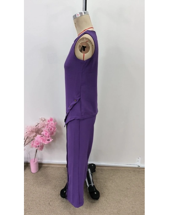 Kadın Askılı Yuvarlak Yakalı önü Asimetrik Detaylı Düğmeli Aerobin Bluz Ve Pantolon Ikili Takım