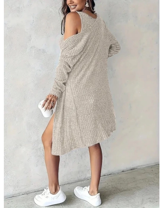 Kadın Askılı Yuvarlak Yakalı önü Düğmeli şardonlu Kaşkorse Mini Elbise Ve Kısa Ceket