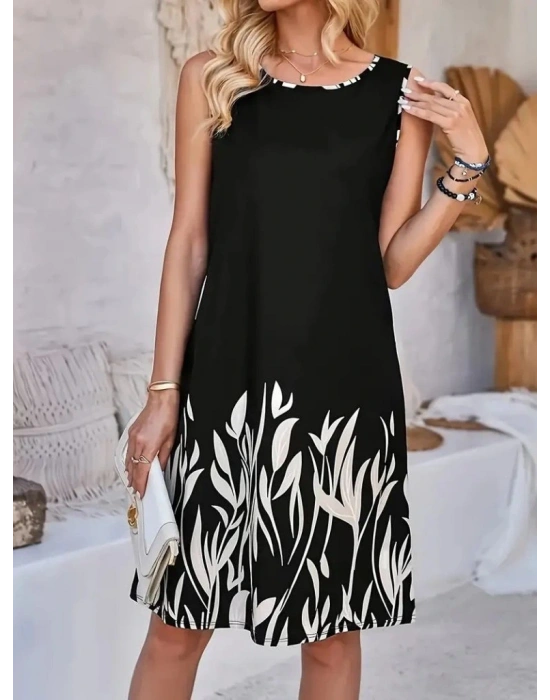 Kadın Askılı Yuvarlak Yakalı Yaprak Desenli Dalgıç Elbise